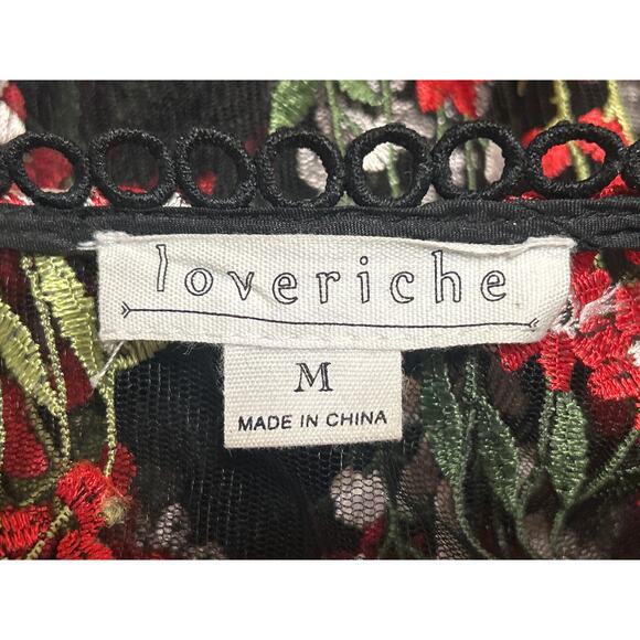 Loveriche Black Mesh Sheer Floral Embroidered Short Sleeve Peplum Blouse Top M - Picture 4 of 5
